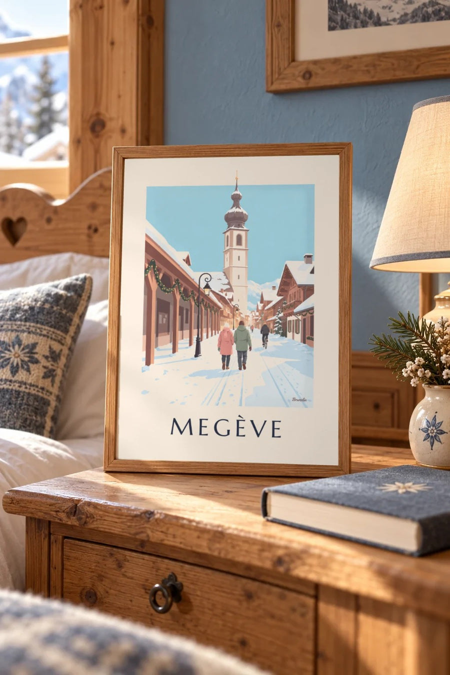 Affiche Megève, rue piétonne et clocher : petit format A4 encadré