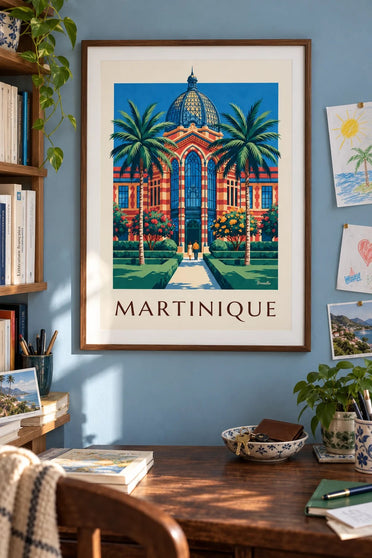 Plakat af Martinique med Schœlcher-biblioteket i Fort-de-France : indrammet på væggen