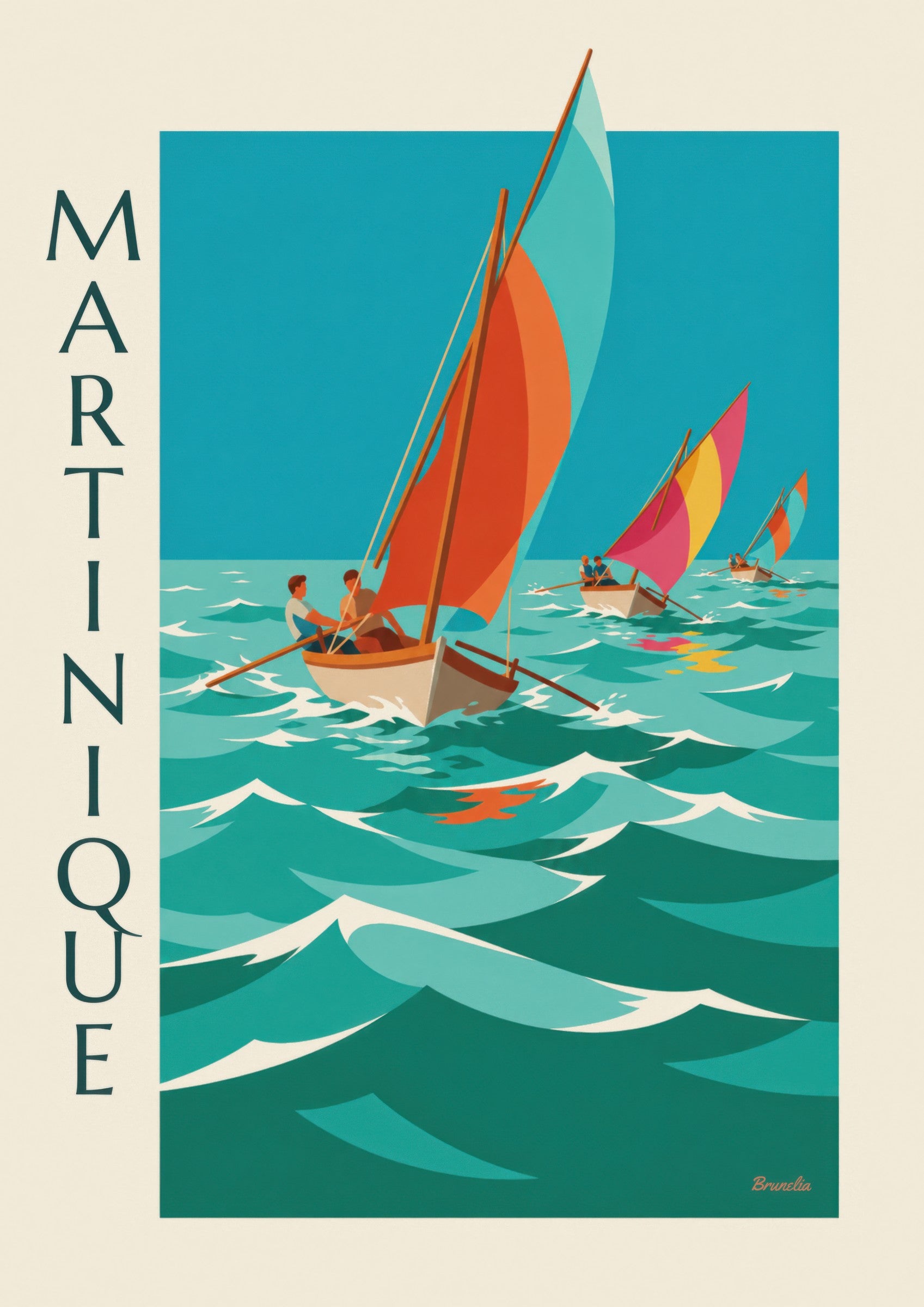 Plakat af Martinique med yole-kapløb og farverige sejl: nærbillede af detalje