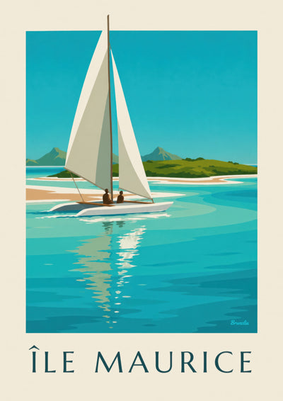 Plakat af Île aux Cerfs og den turkise lagune (titlen ÎLE MAURICE) : hele plakaten