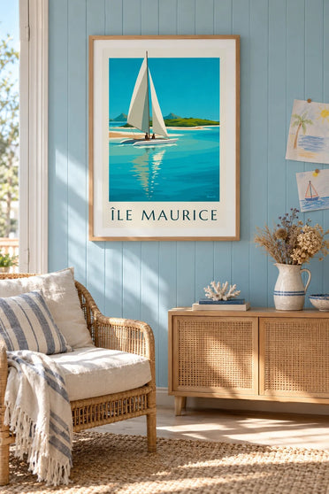 Plakat af Île aux Cerfs og den turkise lagune (titlen ÎLE MAURICE) : indrammet på væggen