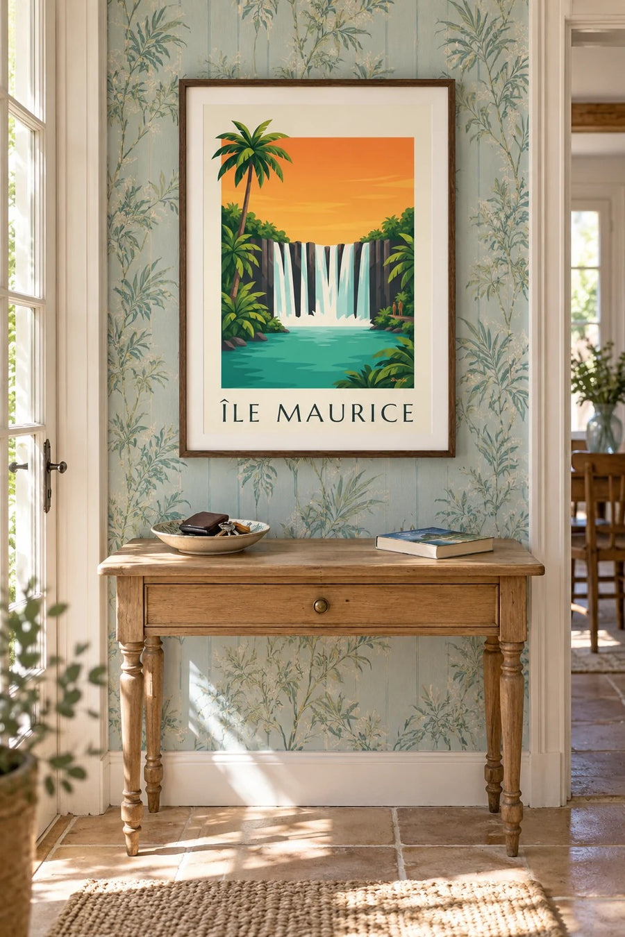 Affiche Île Maurice, cascade de Rochester (titre ÎLE MAURICE) : encadrée au mur