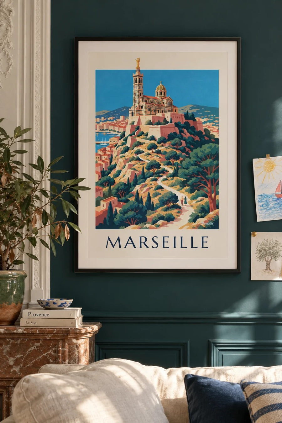 Plakat af Notre-Dame-de-la-Garde i solnedgangen : indrammet på væggen