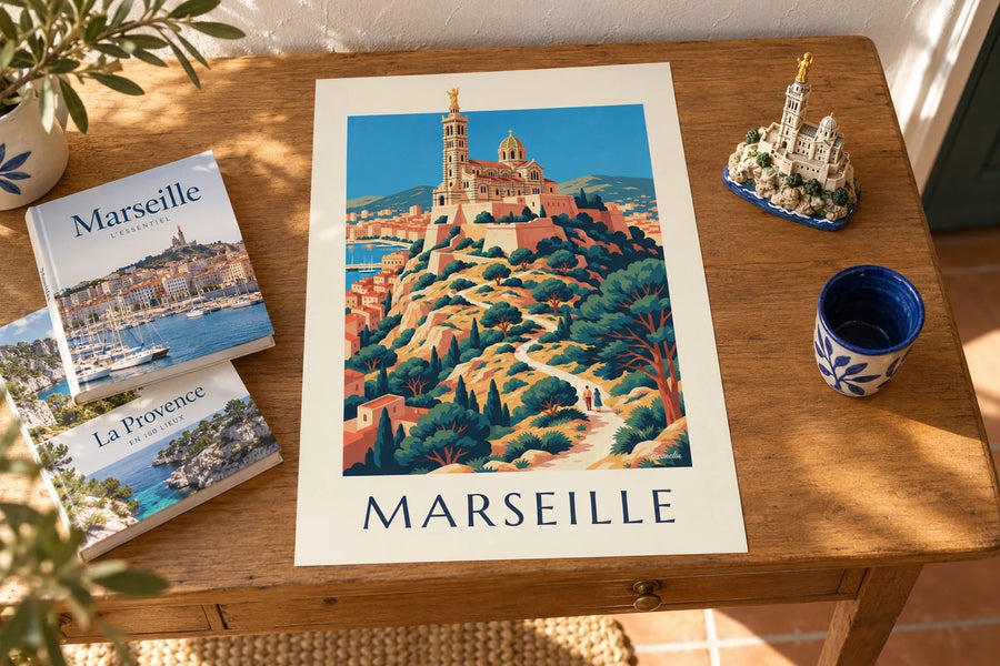 Plakat af Notre-Dame-de-la-Garde i solnedgangen : stillet på et bord