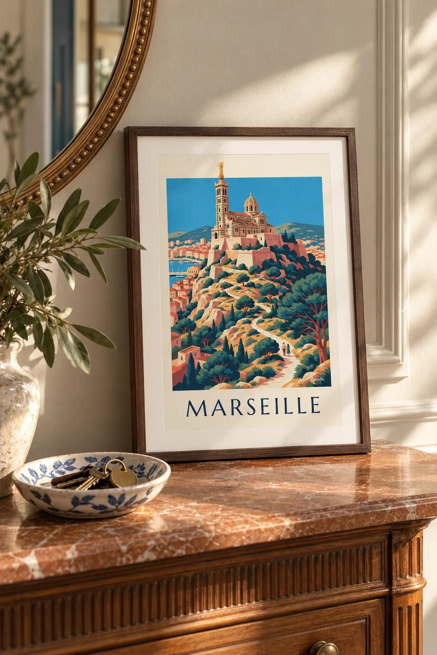Plakat af Notre-Dame-de-la-Garde i solnedgangen : lille A4-format i ramme