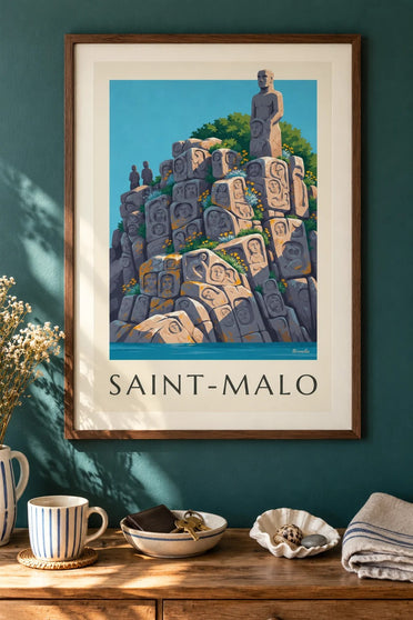 Plakat af de skulpturerede klipper ved Rothéneuf i Saint-Malo : indrammet på væggen