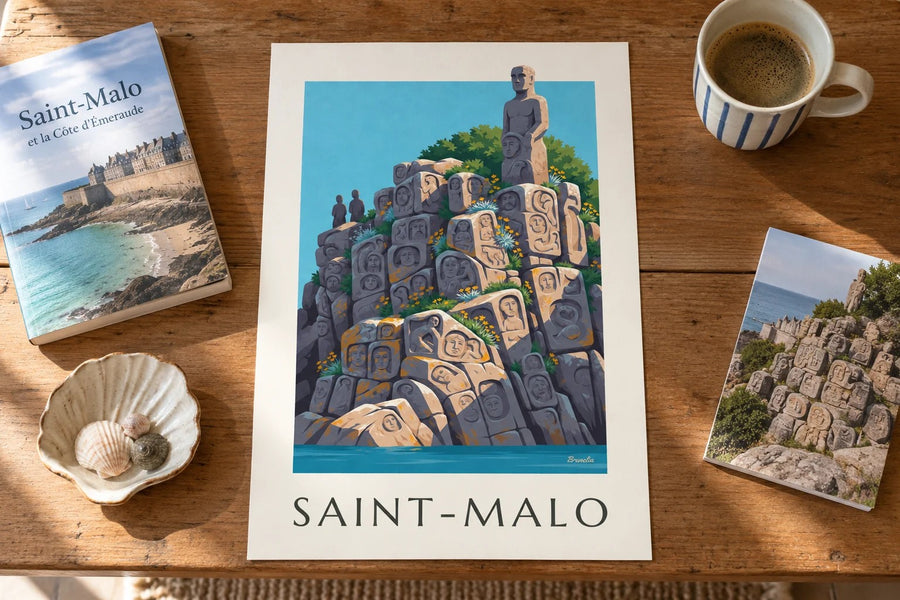 Plakat af de skulpturerede klipper ved Rothéneuf i Saint-Malo : stillet på et bord