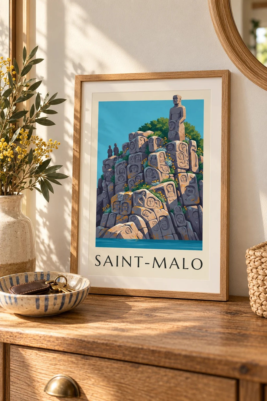 Plakat af de skulpturerede klipper ved Rothéneuf i Saint-Malo : lille A4-format i ramme