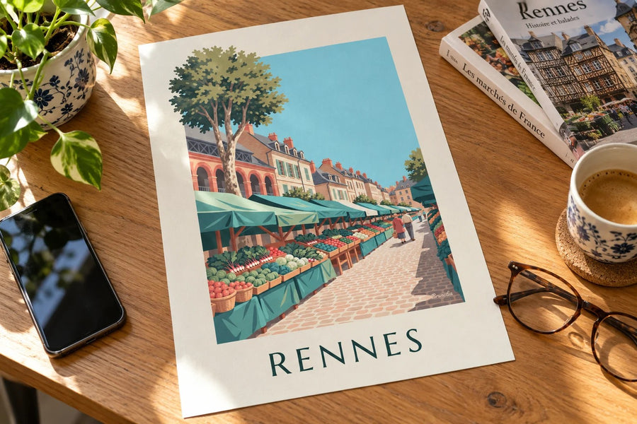 Affiche marché des Lices à Rennes : posée sur une table