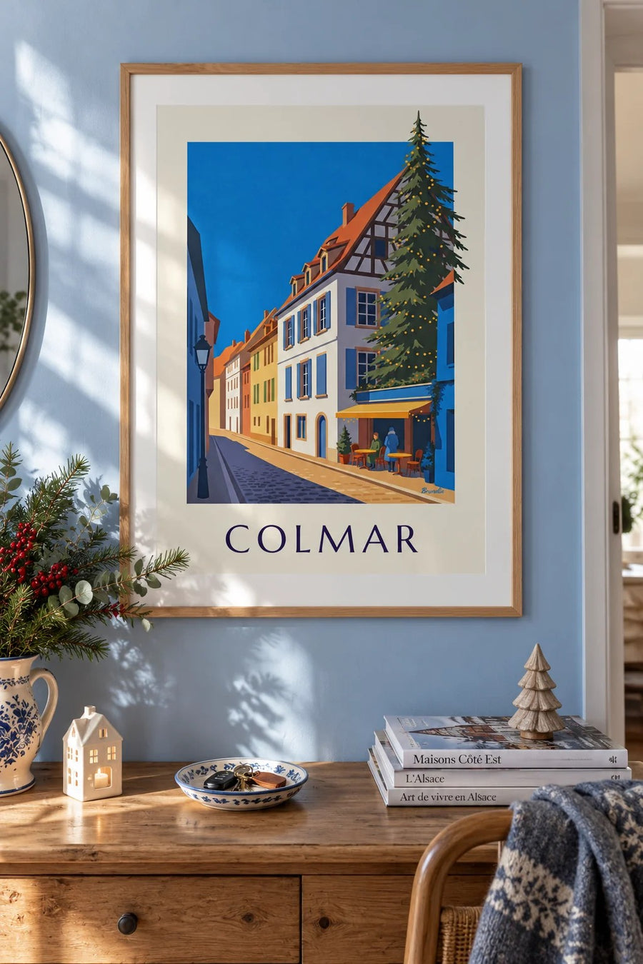 Plakat med juleoplyste Colmar, fiskerkvarteret : indrammet på væggen