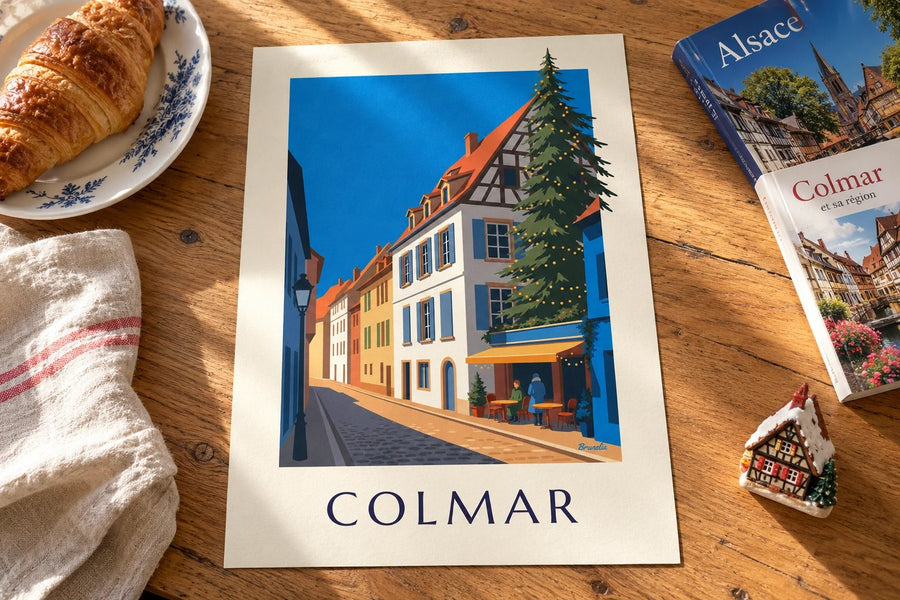 Plakat med juleoplyste Colmar, fiskerkvarteret : stillet på et bord