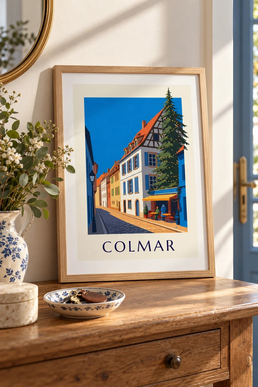 Plakat med juleoplyste Colmar, fiskerkvarteret : lille A4-format i ramme