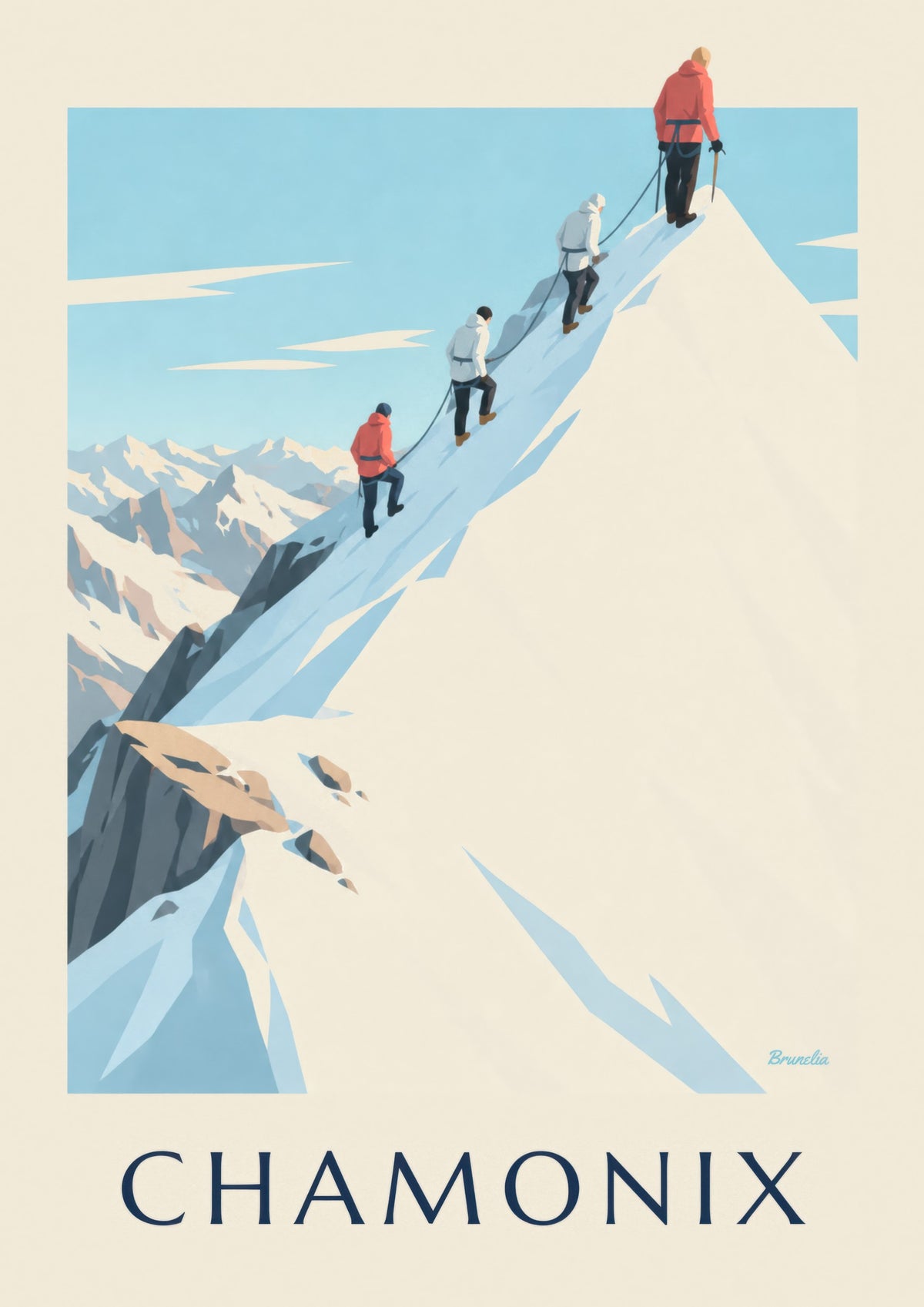 Plakat med bjergbestigere på Aiguille du Midis kam