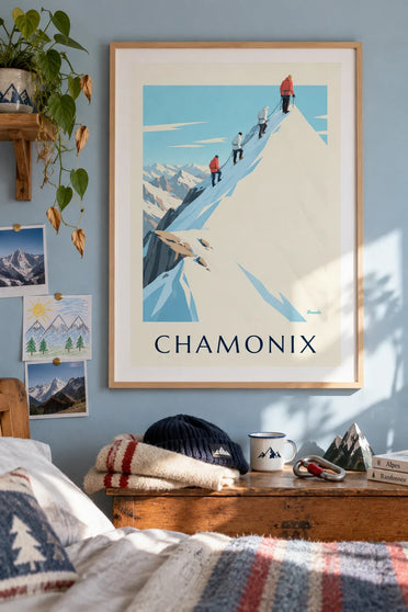 Plakat med bjergbestigere på Aiguille du Midis kam : indrammet på væggen