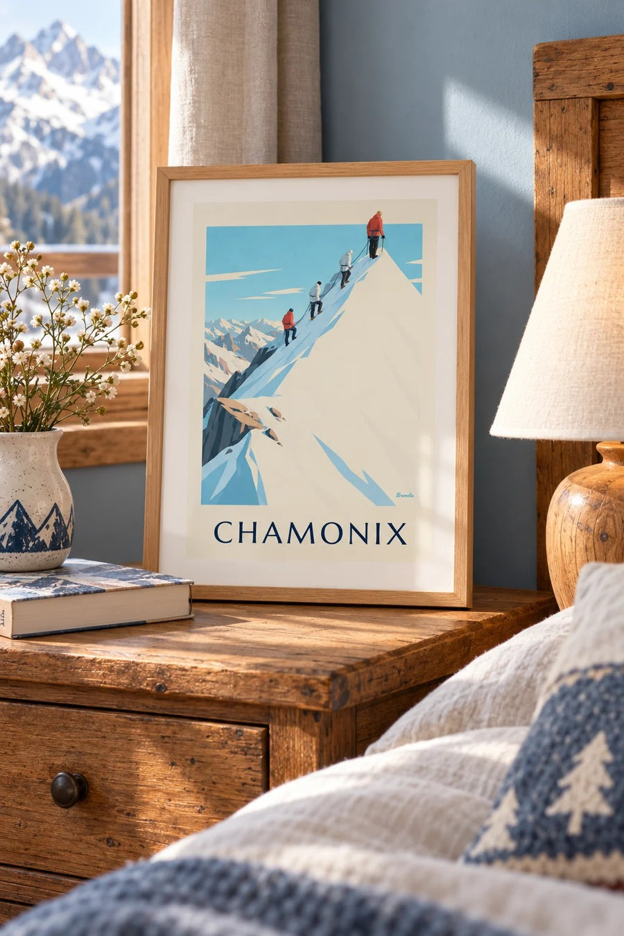 Plakat med bjergbestigere på Aiguille du Midis kam : lille A4-format i ramme