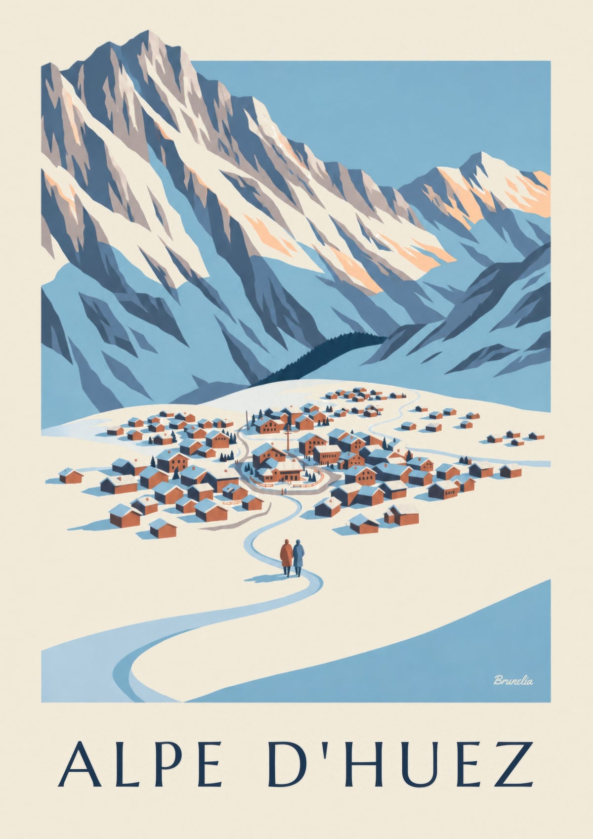 Plakat med Alpe d'Huez set fra Pic Blanc om vinteren