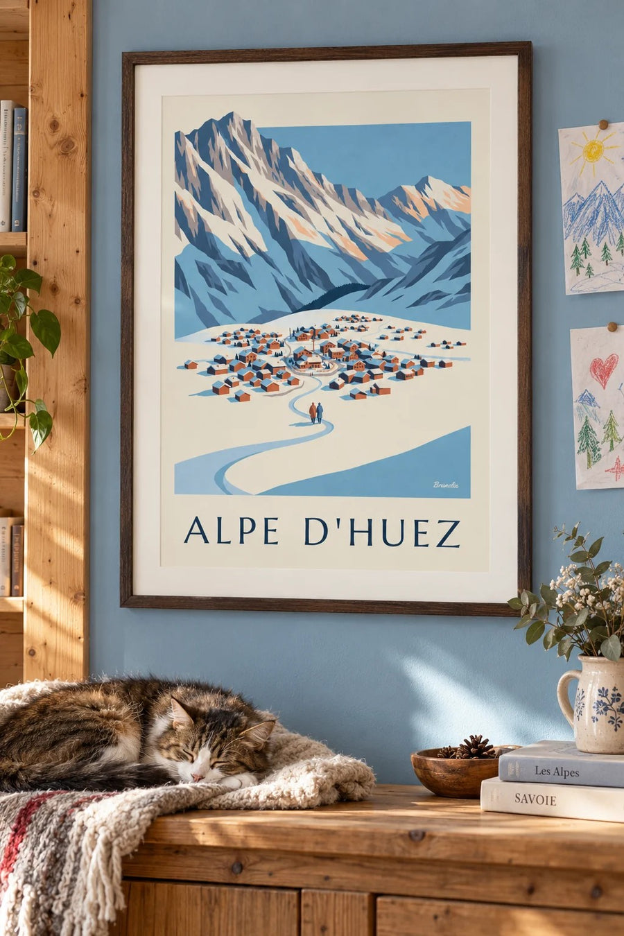 Plakat med Alpe d'Huez set fra Pic Blanc om vinteren : indrammet på væggen