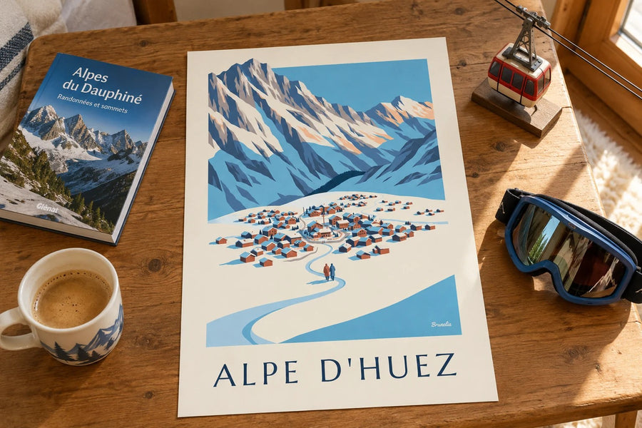 Plakat med Alpe d'Huez set fra Pic Blanc om vinteren : stillet på et bord