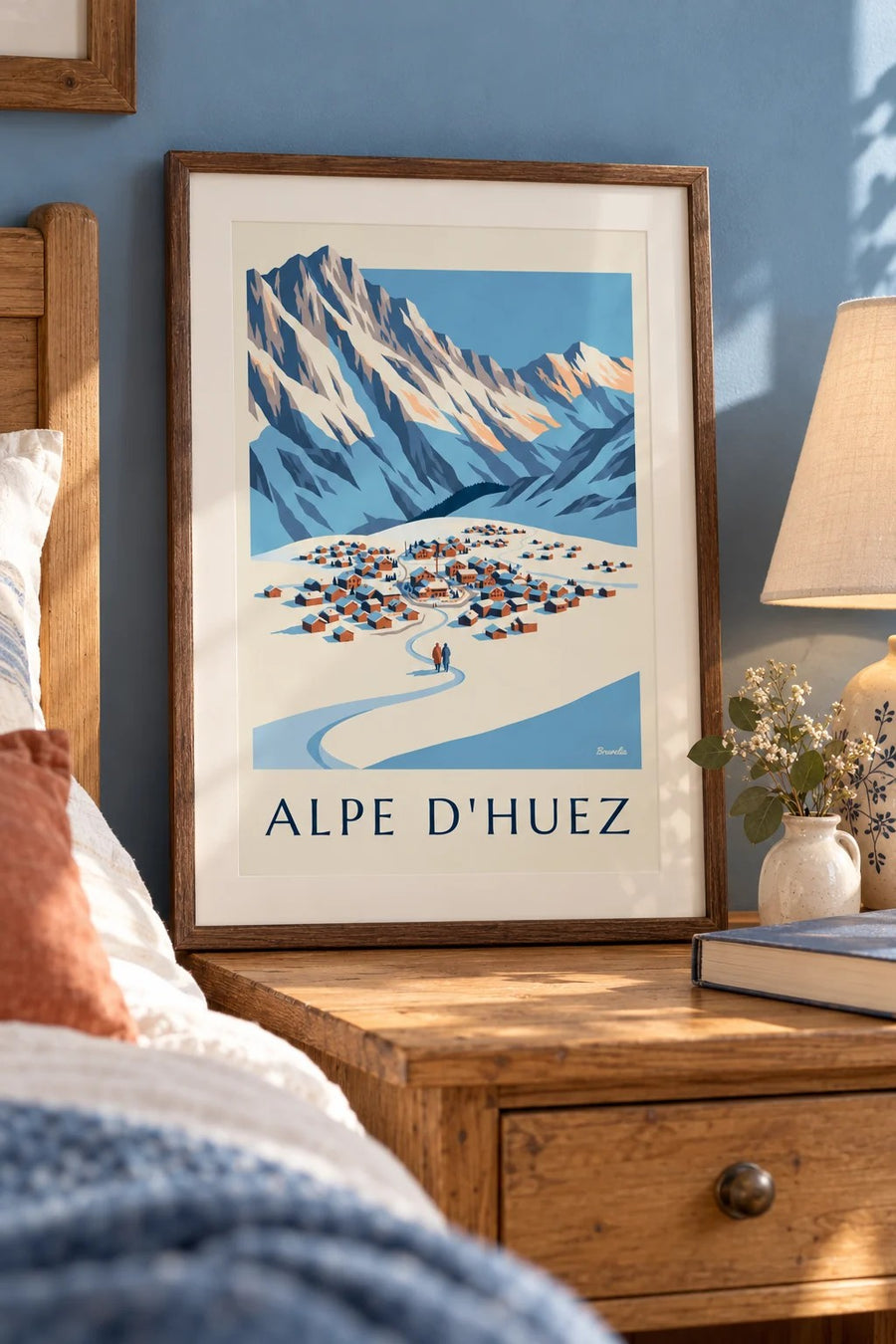 Plakat med Alpe d'Huez set fra Pic Blanc om vinteren : lille A4-format i ramme