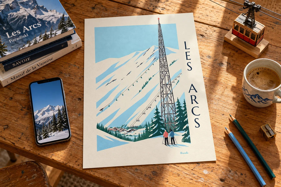 Affiche Les Arcs, Arc 1600 et ses pistes : posée sur une table