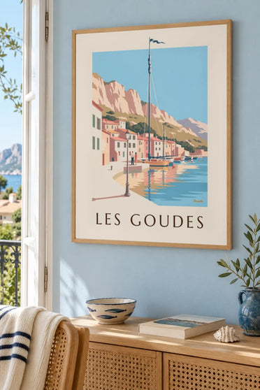 Plakat med havnen i Les Goudes ved solnedgang : indrammet på væggen