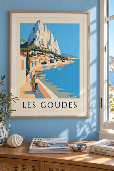 Plakat med Les Goudes set fra havet : indrammet på væggen