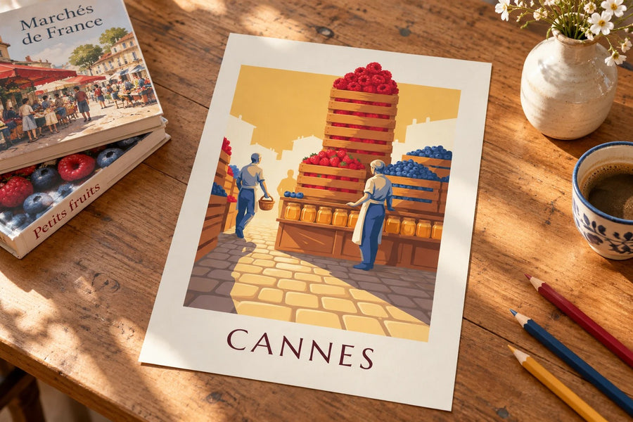 Plakat med Forville-markedet i Cannes og røde frugter : stillet på et bord