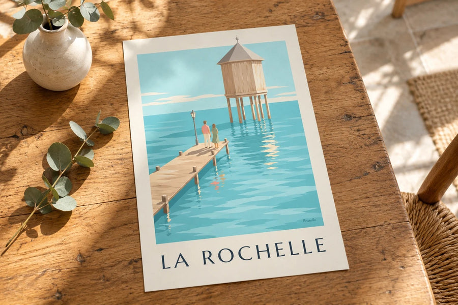 Plakat med fyret ved Bout du Monde i La Rochelle : stillet på et bord