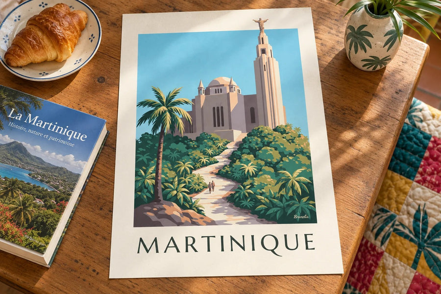 Plakat med Martinique og Sacré-Cœur-kirken i Balata : stillet på et bord