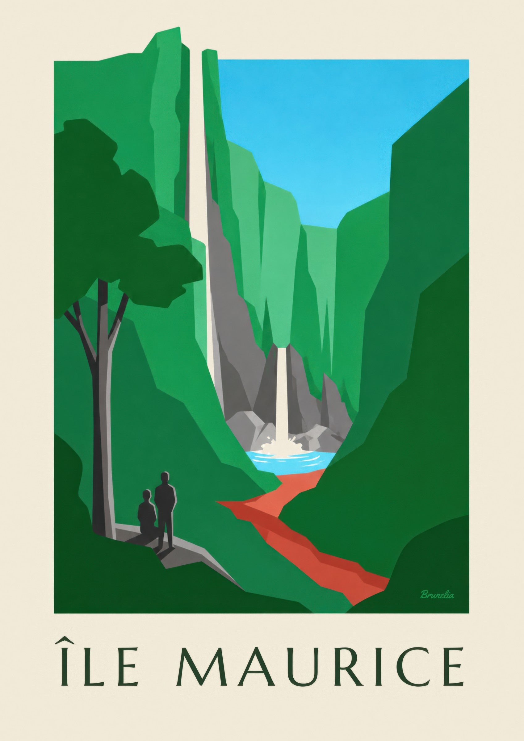 Plakat med Mauritius og Chamarel-vandfaldet (titlen MAURITIUS): nærbillede af detalje