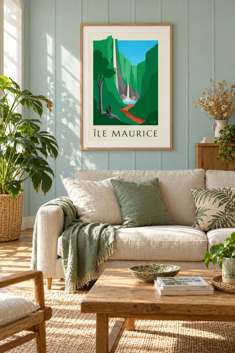 Plakat med Mauritius og Chamarel-vandfaldet (titlen MAURITIUS) : indrammet på væggen