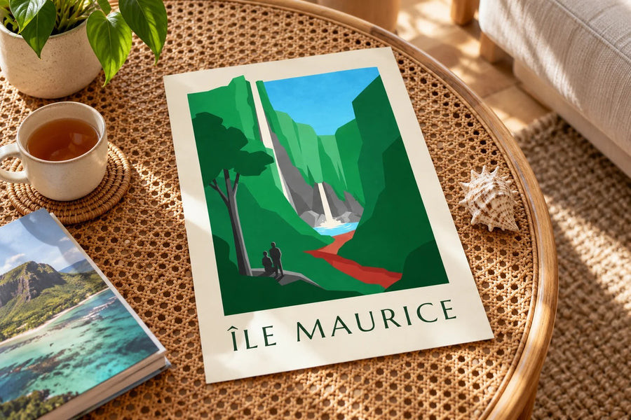 Plakat med Mauritius og Chamarel-vandfaldet (titlen MAURITIUS) : stillet på et bord