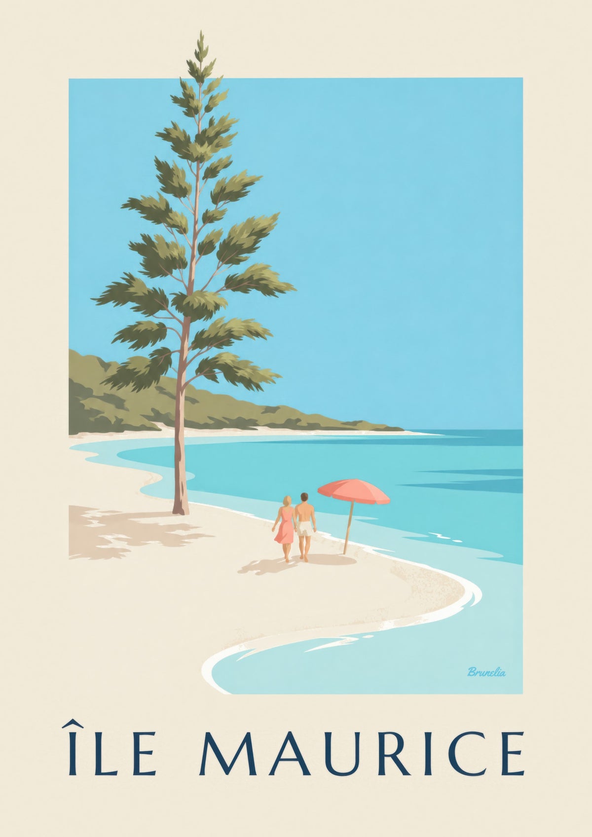 Plakat fra Mauritius med Blue Bay-stranden (titlen ÎLE MAURICE)