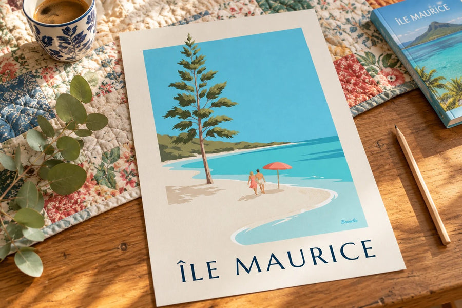 Plakat fra Mauritius med Blue Bay-stranden (titlen ÎLE MAURICE) : stillet på et bord