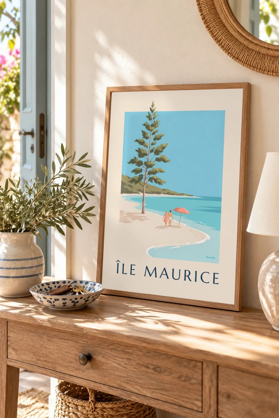 Plakat fra Mauritius med Blue Bay-stranden (titlen ÎLE MAURICE) : lille A4-format i ramme