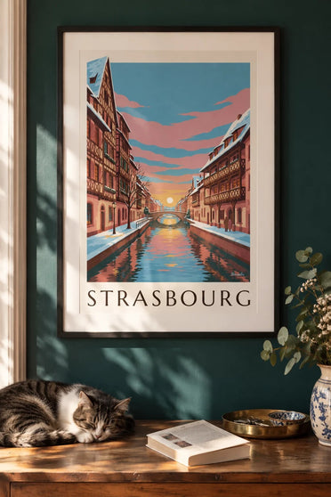 Affiche Petite France à Strasbourg en hiver : encadrée au mur