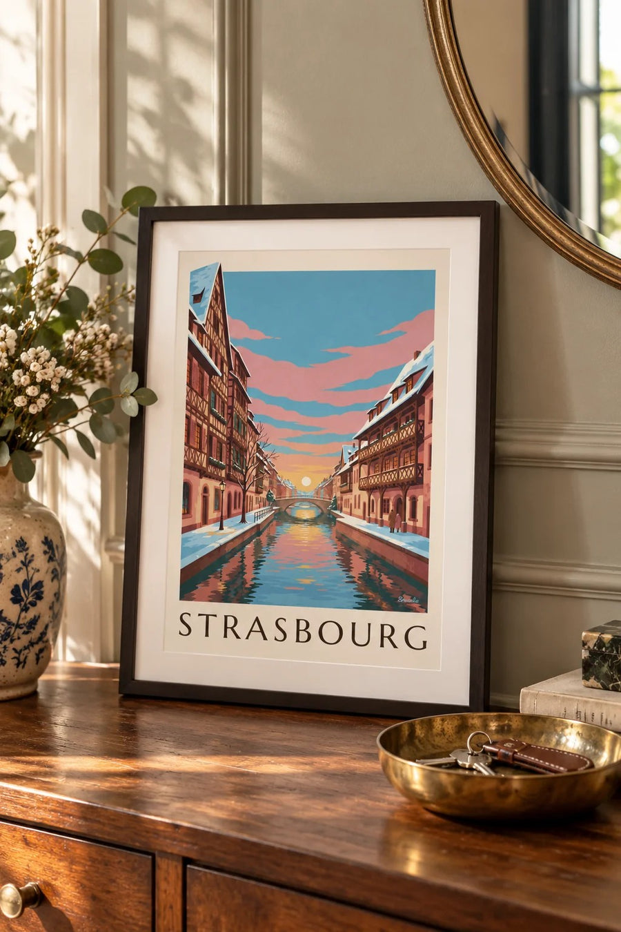 Affiche Petite France à Strasbourg en hiver : petit format A4 encadré