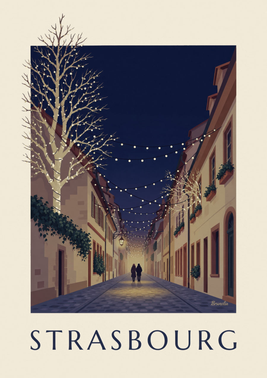 Affiche ruelle de Strasbourg illuminée pour Noël