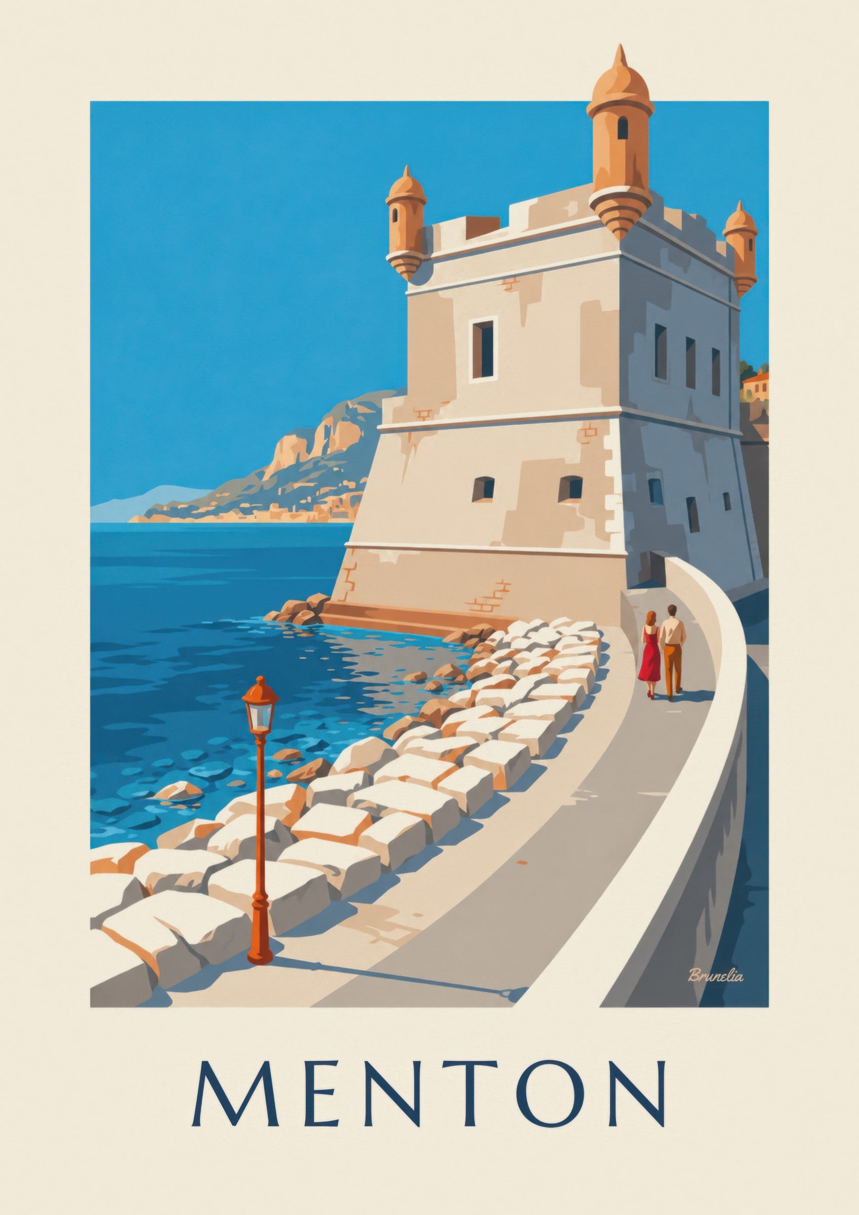 Plakat af Bastion ved Mentons gamle havn ved havet: nærbillede af detalje