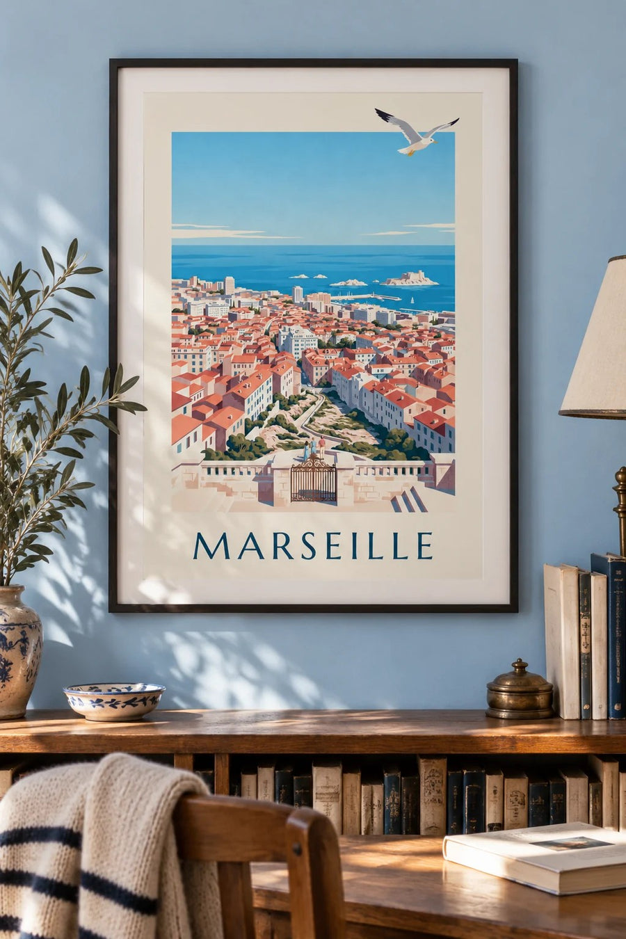 Plakat med udsigt over Marseille fra Notre-Dame-de-la-Garde : indrammet på væggen