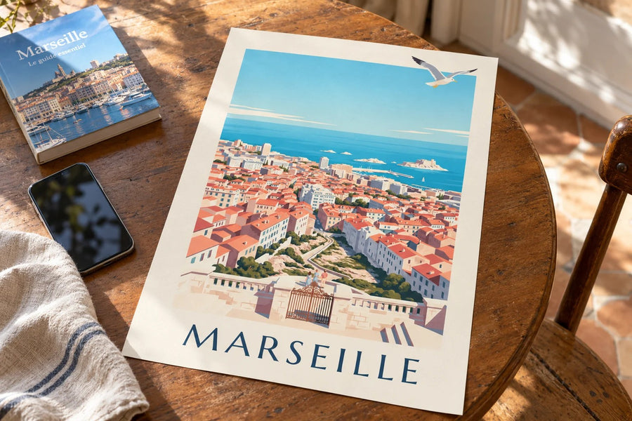 Affiche vue de Marseille depuis Notre-Dame-de-la-Garde : posée sur une table