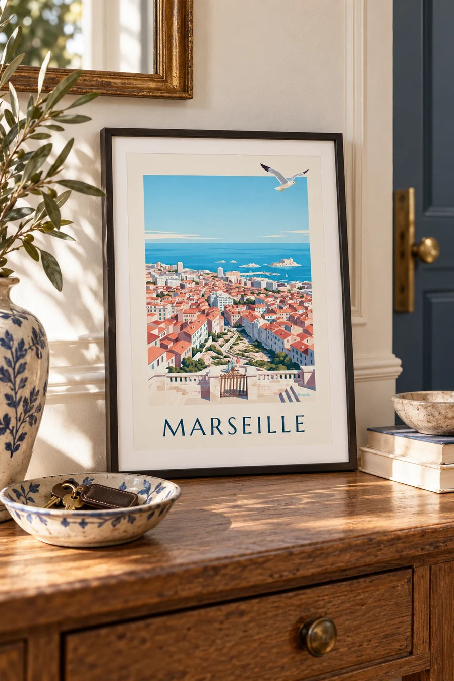 Plakat med udsigt over Marseille fra Notre-Dame-de-la-Garde : lille A4-format i ramme