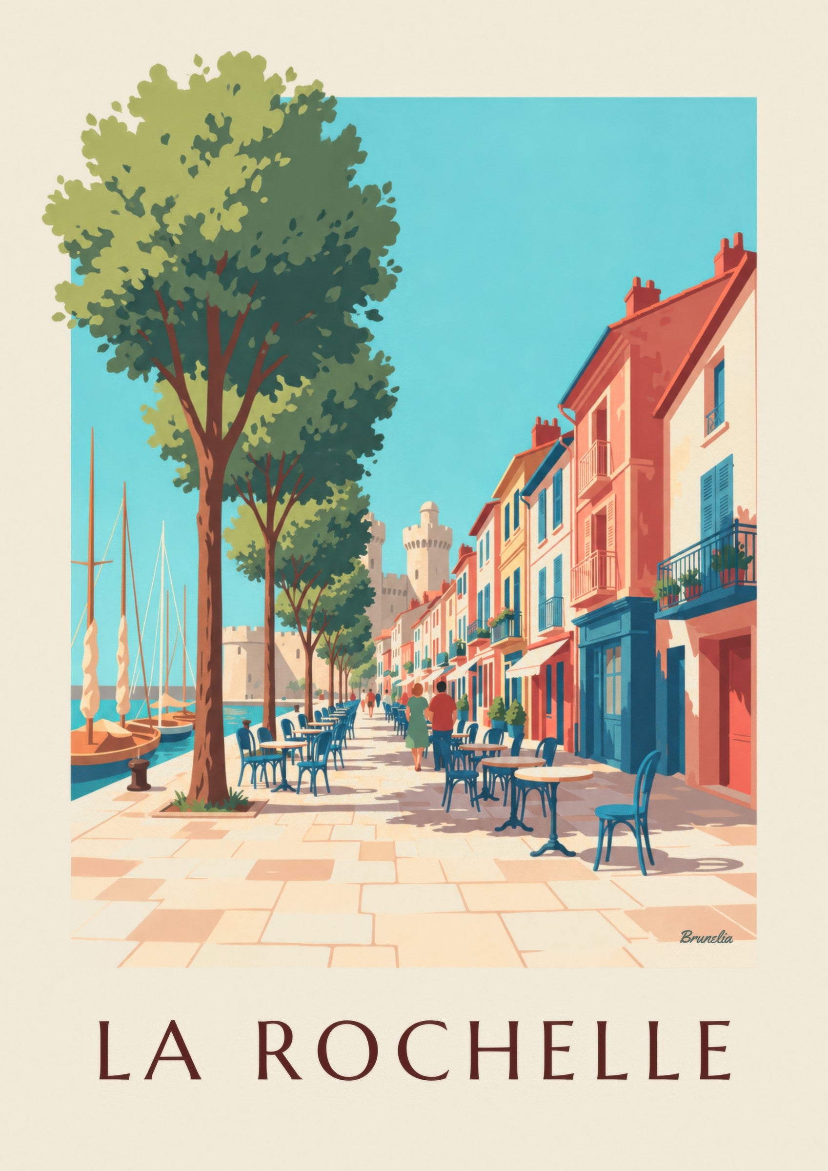 Plakat med Gabut i La Rochelle og farverige huse: nærbillede af detalje