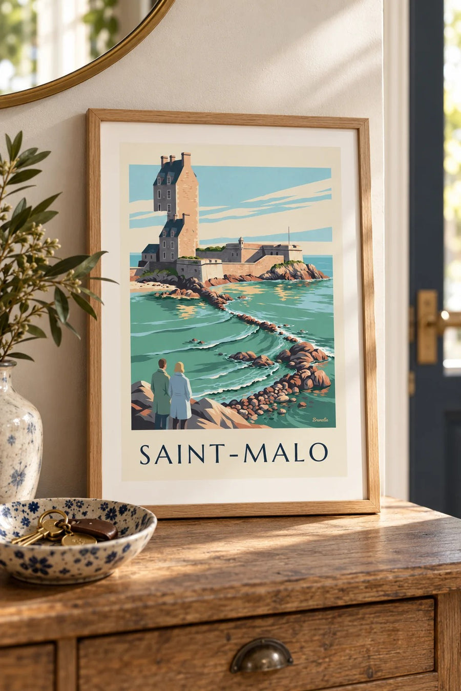 Affiche Fort National de Saint-Malo à marée haute : petit format A4 encadré