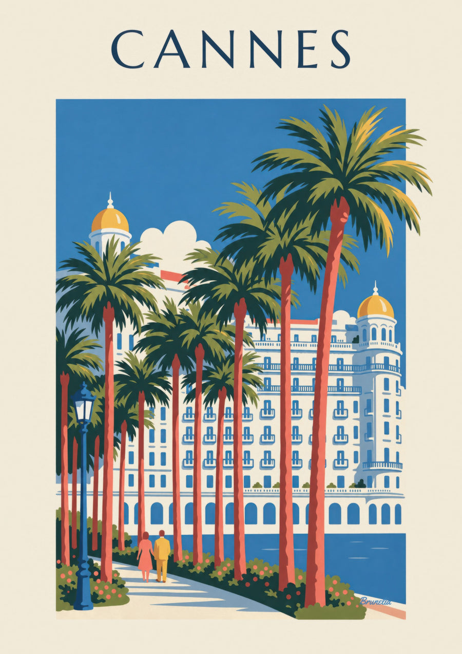 Plakat af Croisetten i Cannes med palmer og luksushotel
