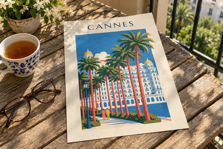 Plakat af Croisetten i Cannes med palmer og luksushotel : stillet på et bord