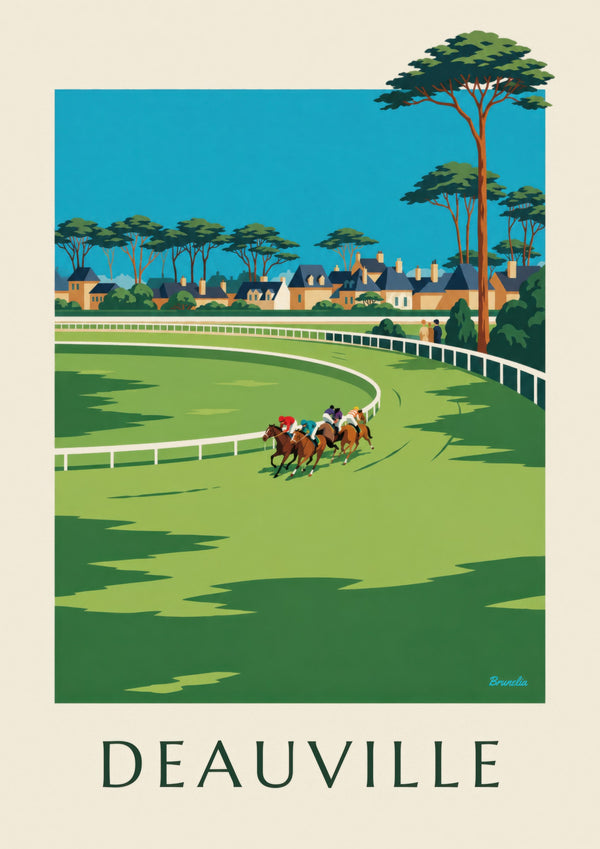 Affiche Deauville hippodrome et chevaux au galop