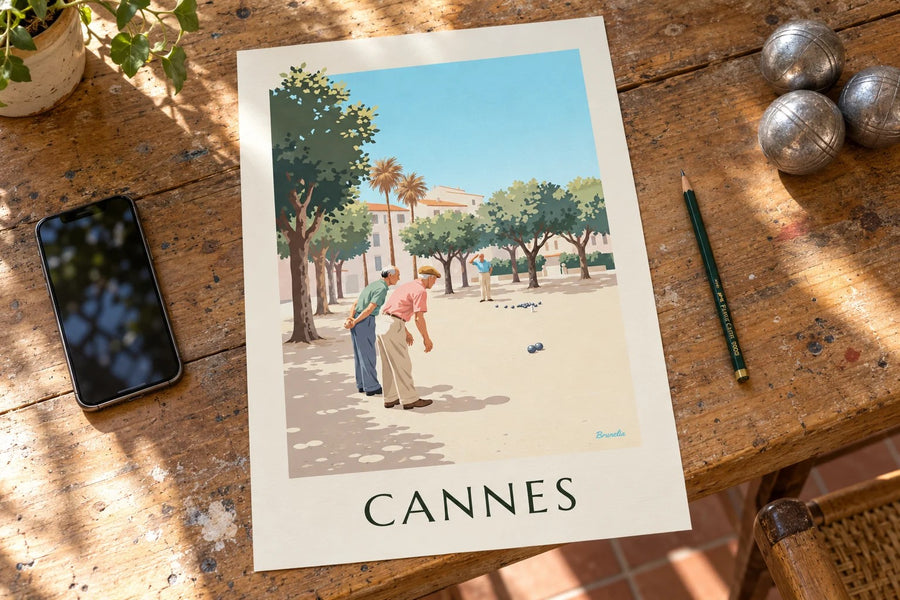Plakat med pétanque under platantræerne i Cannes : stillet på et bord