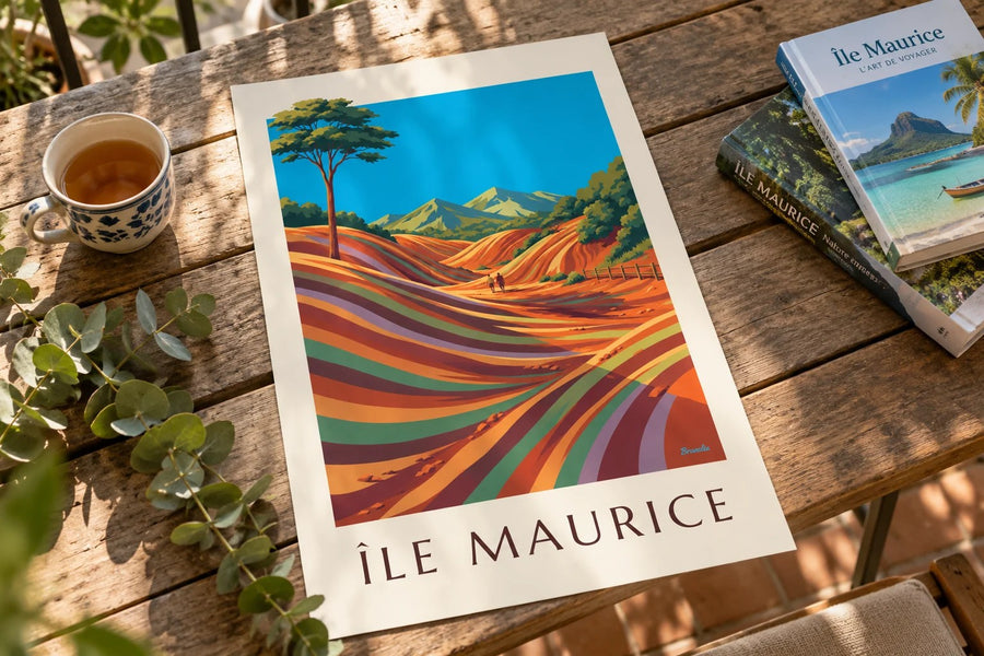 Affiche Île Maurice Chamarel terres des 7 couleurs (titre ÎLE MAURICE) : posée sur une table