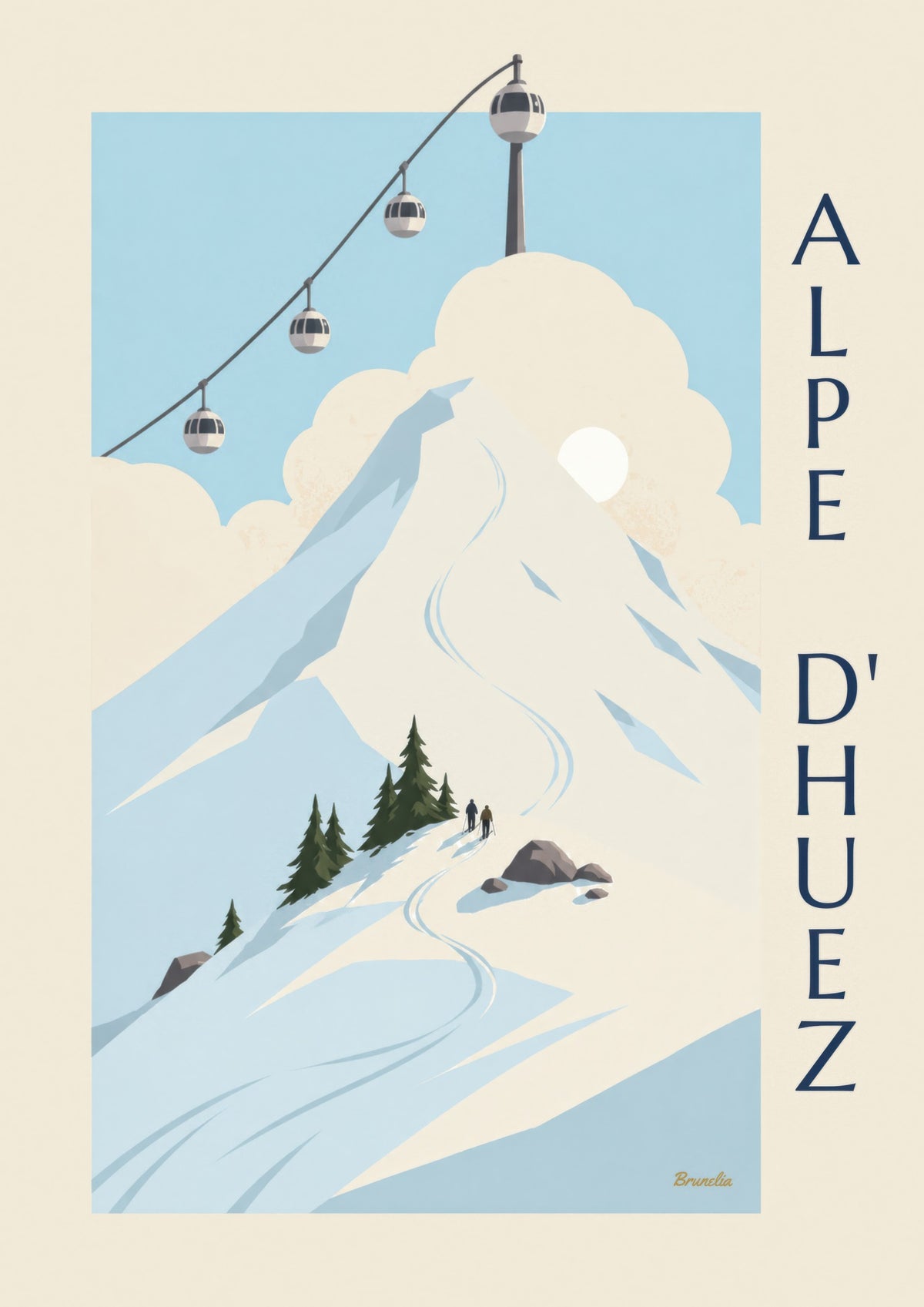 Plakat Alpe d’Huez, æggeformede kabiner over pisterne
